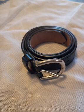 Classic Black Leather Men's Belt with Silver Buckle  37 Inches Long